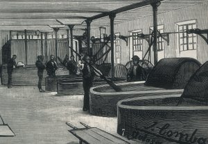 Økonomi (1800-tallet). Papirfabrik i Spanien "" La Guipuzcoana "". Cylinderrum og hvidvasker af fabrikken beliggende i Tolosa (Guipuzcoa). gravering af Spanish School
