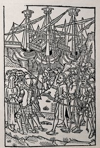 Indgravering i Vespasians historie, trykt i 1495 i Zaragoza (s/h-illustration) af Spanish School