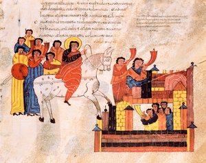 Kong Davids indtog i Jerusalem til lyden af trompeter, fra den visigotisk-mozarabiske bibel fra St. Isidores, fol.135r., 960 e.Kr.