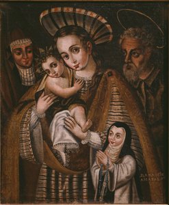 Ex voto, hellig familie med St. Anne og nonnen i klosteret, Ana de Ibaizabal af Spanish School