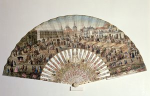 Fan, der viser Plaza de la Cebada, Madrid (elfenben og gouache på papir) af Spanish School