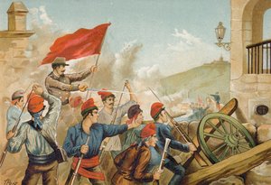 Kampe mellem republikanske frivillige og soldater, Sarria, Barcelona, 1874 af Spanish School