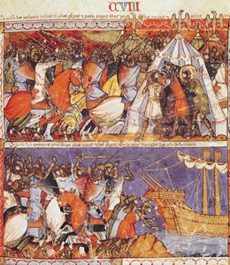 Fol.108r Trojanerne invaderer den græske lejr og sætter ild til de græske skibe, fra Codex Benito de Santa Mora af Spanish School