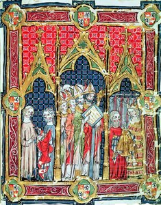 Fol.13r Kroning af kongerne af Aragon og Castille: Alfonso VII (1105-57) tilbyder guldbrød i nærværelse af ærkebiskoppen af Toledo, fra Libro de los Testamentos af Spanish School