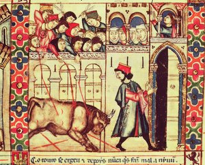 Fol.200r En tyrs død i ringen, fra manuskriptet lavet under ledelse af Alfonso X Den kloge konge af Castille og Leon af Spanish School