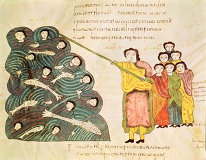 Fol.39v Moses lukker Det Røde Hav for egypterne, fra Bibelen Mozarabe af Spanish School