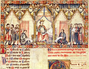 Fol.5r Hoffet til Alfonso X (1221-84) den Vise, konge af Castilla y Leon, miniature fra Cantigas de Santa Maria af Spanish School