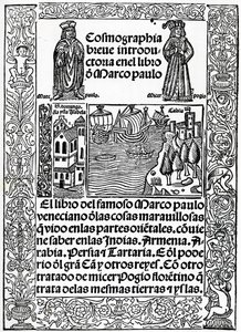 Frontispice til den første castillianske version af Marco Polos rejser, oversat af Rodrigo de Santaella, udgivet 1503 af Spanish School