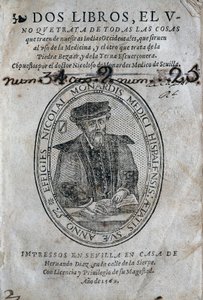 Frontispice, med portrættet af Nicolas Monardes (1493-1588) af en medicinbog fra øerne i det spanske Caribien og brug af bezoard (anti-gift). Værk af Nicolas Monardes, udgave 1569, af Hernando Diaz, i Sevilla. Universitetsbiblioteket i af Spanish School