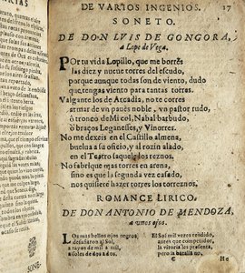 GOGOORA Y ARGOTE, Luis de (1561-1627). Spansk digter fra det gyldne århundrede; VEGA CARPIO, Felix Lope de (1562-1635). Soneto a Lope de Vega" (Sonet til Lope de Vega), digt inkluderet i "Poesias varias de grandes ingenios espanoles", samling lavet af Ios af Spanish School