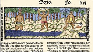 Guldminedrift: oprindelige folk sigter floden på jagt efter guld. Indgravering fra bogen "General history of the Indias, islands and continent of the ocean sea"" af Gonzalo Fernandez de Oviedo (Gonzalo) eller Fernandez de, ou Hernandez de Oviedo y Valdes ( af Spanish School