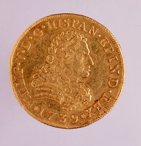 Guldmønt (8 ecu) fra Spanien: Filips (Filippo eller Philippe) V (1700-1746) regeringstid. 1739 Diam. 3,6 cm Napoli, museo archeologico af Spanish School