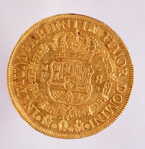 Guldmønt (8 ecu) fra Spanien: Filips (Filippo eller Philippe) V (1700-1746) regeringstid. 1739 Diam. 3,6 cm Napoli, museo archeologico af Spanish School