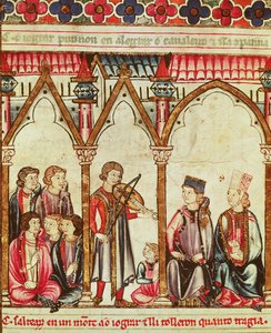 Gruppe af trubadurer, illustration fra Cantigas de Santa Maria, lavet under ledelse af Alfonso X (Den Vise) konge af Castille og Leon (1221-84) (se også 56625) af Spanish School