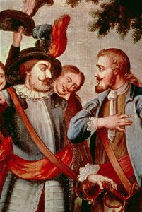 Hernando Cortes (1485-1547) og Diego di Velasquez (1465-1524) (olie på lærred) (detalje) (se 113574) af Spanish School
