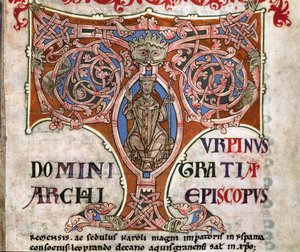 Bogstav T med en afbildning af Karl den Store, illustration fra Codex Calixtinus, ca. 1140 af Spanish School