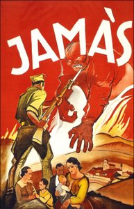 Jamàs ("Aldrig"), plakat offentliggjort under den spanske krig, der viser en soldat, der beskytter spanske familier. Mellem 1936 og 1939. af Spanish School