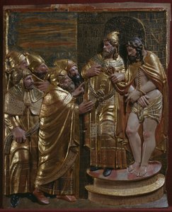 Jesus foran Kajfas, detalje af en renæssancealtertavle (malet og forgyldt træ) af Spanish School