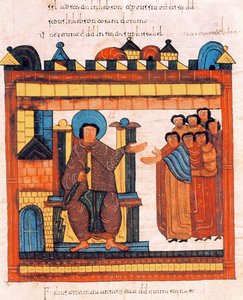 Kong David sad på sin trone og omgivet af sit hof, fra St. Isidores visigotisk-mozarabiske bibel, fol.126r., 960 e.Kr. (tempera på vellum)
