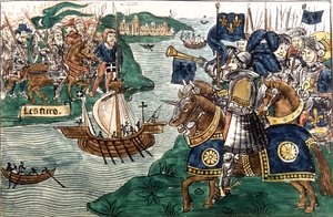 Kong Ludvig IX (1214-70) og korsfarerne ankom til Kartago i 1270 (vellum) af Spanish School