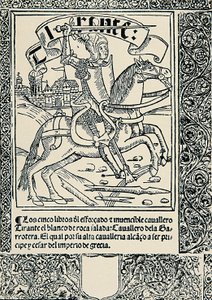 Ridder på sit bjerg, Frontispice af det spanske værk Tirant lo Blanc af Joanot MARTORELL (1413-1468) af Spanish School