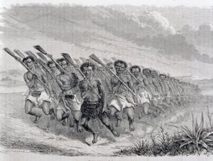 Maori Warriors Performing a War Dance, illustration fra 