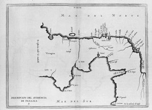 Kort over Mellemamerika (Panama) fra et spansk bind af rejser fra begyndelsen af det 17. århundrede. Kortet er orienteret på den antikke tilstand (nordøst til øst), og Atlanterhavet kaldes Nordsøen og Stillehavets sydhav. af Spanish School