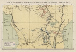 Kort, der viser opdagelsesrejsende Georg August Schweinfurth, Samuel Baker, David Livingstone, Henry Morton Stanley og Verney Lovett Camerons rejser i Afrika af Spanish School
