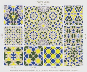 Mosaikker fra Hall of Ambassadors, Hall of Two Sisters, Hall of Justice og Court of the Fish Pond (farve litho) af Spanish School