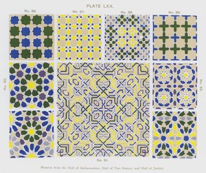 Mosaikker fra Hall of Ambassadors, Hall of Two Sisters og Hall of Justice (farve litho) af Spanish School