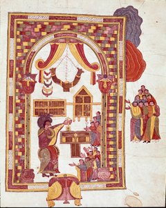 Mozarabisk kunst: "" Jerusalems tempel, Aron er repræsenteret som en ypperstepræst foran et alter." Miniature fra en mozarabisk bibel. 10. århundrede. Leon. Bibliotek for Royal Collegiale of Saint Isidore. Spanien af Spanish School