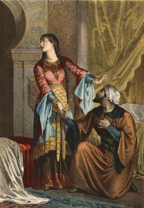 Omar, muslimsk prins, afgiver en kærlighedserklæring til Sancha Ona, grevinde af Castilien. i "The Cult of Beauty"" af Juan Justo Huguet, Molinas Hermanos redaktører af Spanish School