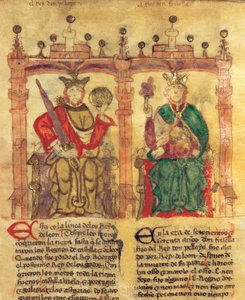 Pelagius (685-737), grundlæggeren af Asturias Kongerige og hans barnebarn Fruela I (722-68) (pigment på vellum- af Spanish School