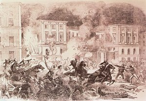 Populistiske opstande i Madrid, oprørerne forsøger at sætte ild til dronning Maria Christinas palads i 1854 (litho) af Spanish School
