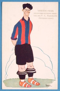 Postkort, der forestiller en karikatur af den spanske fodboldspiller Vicente Piera fra Barcelona af Spanish School
