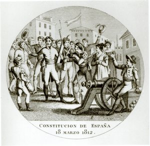 Proklamation af den liberale forfatning af 18. marts 1812 af patrioterne, promulgeret i Cadiz af Cortes af Spanish School