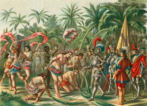 Modtagelse fra Anacaona, kaldet Den Gyldne Blomst, på Hispaniola for Bartholomew Columbus og Hermano del Almirante af Spanish School
