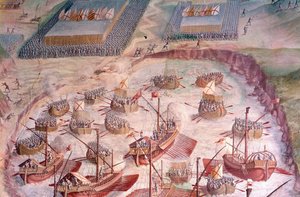 Regatta af spanske galeoner under en ekspedition til Acores i 1582 under Filip II (1527-1598), konge af Spanien. Fresko fra det 16. århundrede. Hall of Battles, Palace of the Escorial, Madrid. af Spanish School