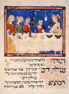 Gengivelse af påskemåltidet fra Sarajevo Haggadah af Spanish School