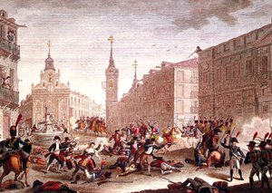 Optøjer mod Napoleons tropper, Madrid, maj 1808 (farvestik) af Spanish School