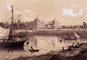Sevilla, San Telmo Palace på bredden af Guadalquivir-floden. Andalusien, Spanien (1800-tallet). Madrid, Nationalbiblioteket. af Spanish School