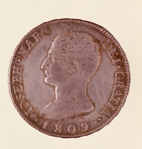 Sølvmønt (douro eller piastra) fra Spanien: Joseph Napoleons regeringstid (1808-1813). 1809 Diam. 4 cm Napoli, museo archeologico af Spanish School