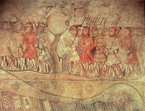 Soldater fra hæren af kong James I (1208-76) en gruppe fodsoldater med buer og lanser, detaljer fra et vægmaleri fra det tidligere Palacio Reale, Barcelona (vægmaleri) af Spanish School