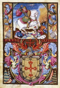 St.James på en hvid hest rider over maurernes lig og våbenskjoldet af familien Gomez, 1606 af Spanish School