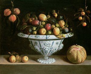 Stilleben af frugt i en blå og hvid skål, ca. 1630