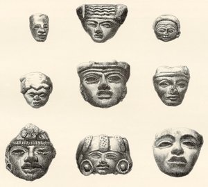 Stenhoveder og masker fundet i Teotihuacan, Mexico af Desiré Charnay under hans ekspedition i 18801883 af Spanish School
