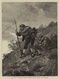 Borgerkrigen i Spanien, Carlist Sentries på udkig efter fjenden (gravering) af Spanish School