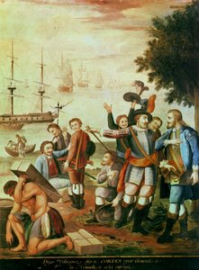 Erobringen af Mexico: Diego Velasquez de Cuellar (1465-1524) vælger Hernando Cortes (1485-1547) som general for Armadaen og giver ham kommandoen (olie på lærred) af Spanish School