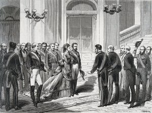 Kongen af Spanien Amedee I (Amedeo Ferdinando Maria di Savoia) (1845-1890) og hans hustru Queen Mary Victory dal Pozzo della Cisterna (1847-1876) ved deres ankomst til det kongelige palads i Madrid den 19/03/1871. Gravering fra ""La Ilustracion Espanola y  af Spanish School