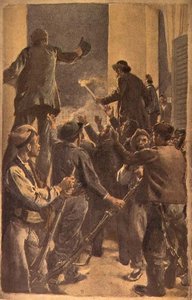 Proklamationen af det revolutionære råd i rådhuset i Barcelona, 29. september 1868 (akvarel og blyant på papir) af Spanish School